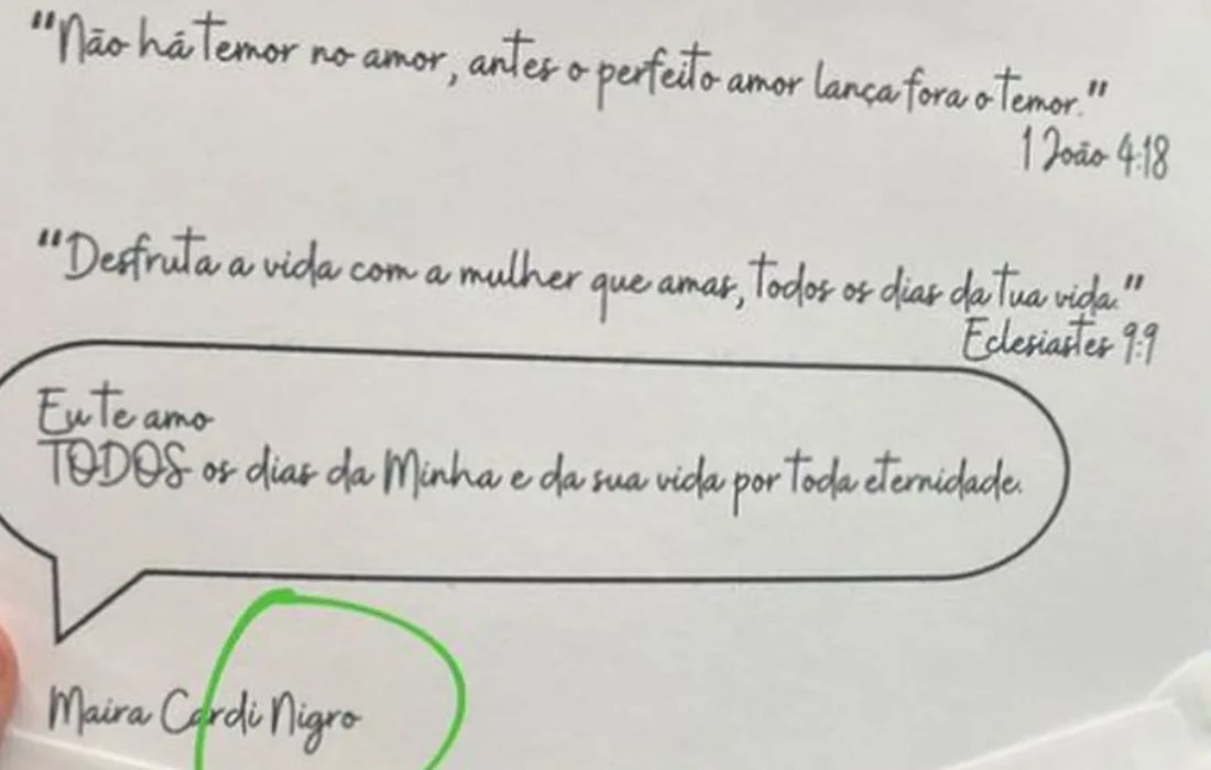 Bilhete enviado por Maíra Cardi para Thiago Nigro