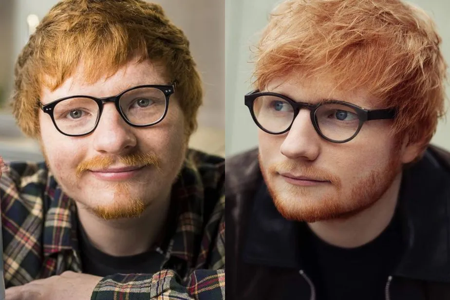 À esquerda, o sósia do cantor Ed Sheeran, Ty Jones; à direita, o músico britânico