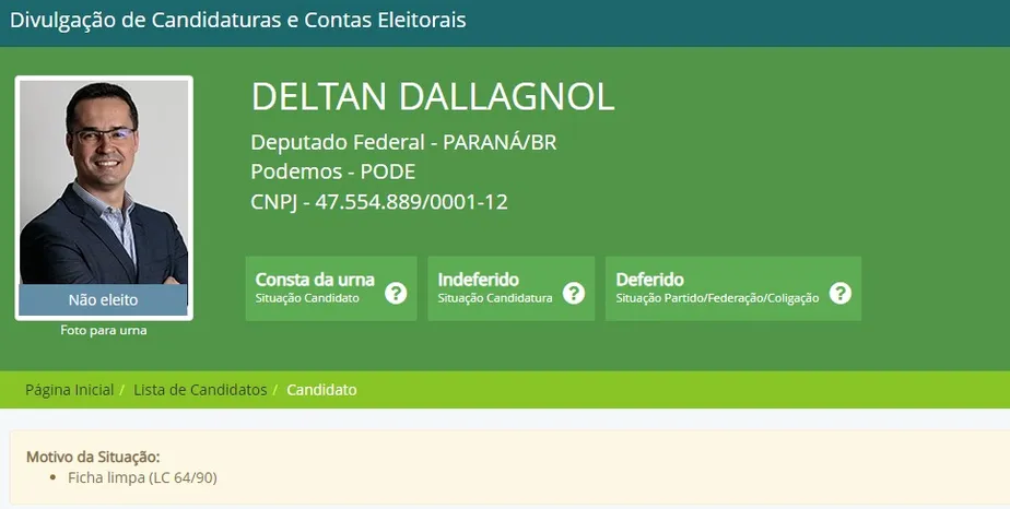 Página do TSE passou a apontar a Lei da Ficha Limpa como motivo para indeferimento de candidatura de Dallagnol 