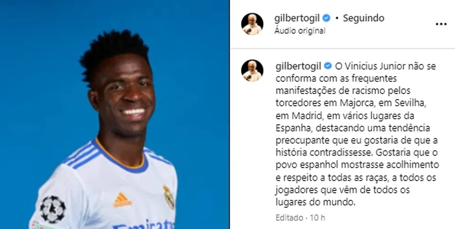 Gilberto Gil publicou vídeo comentando sobre caso de racismo sofrido por Vinicius Junior 