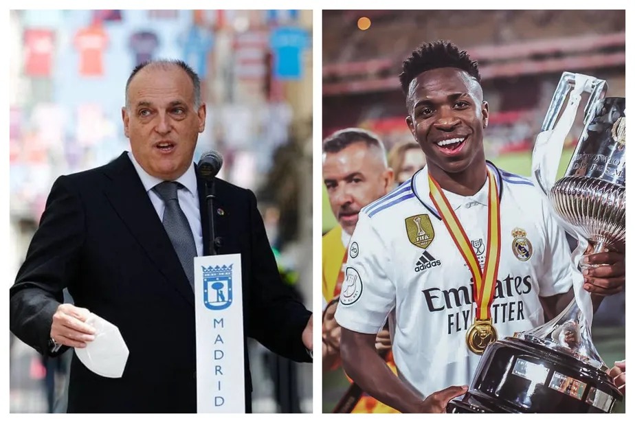 Javier Tebas, presidente da La Liga, e o atacante brasileiro Vinícius Júnior 