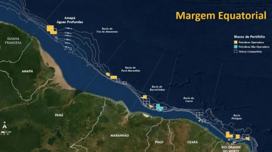 Mapa mostra a Margem Equatorial, área onde está o bloco da Petrobras 