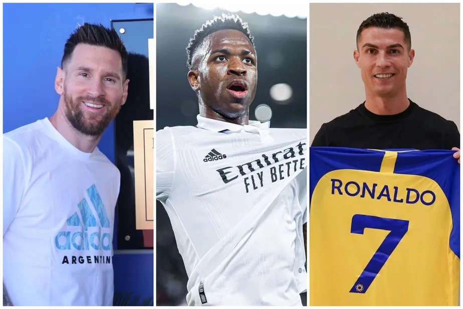 Os jogadores Messi, Vinícius Júnior e Cristiano Ronaldo 