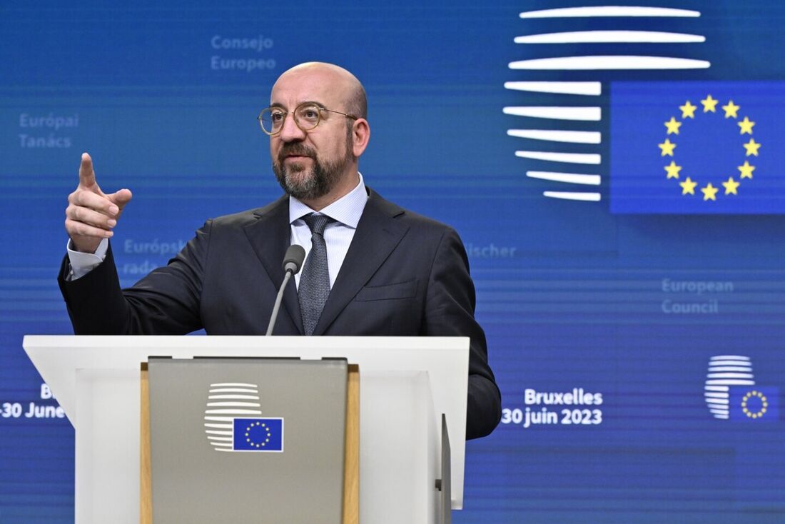 Presidente do Conselho Europeu, Charles Michel, no segundo dia de uma reunião do Conselho Europeu no Edifício Europa em Bruxelas