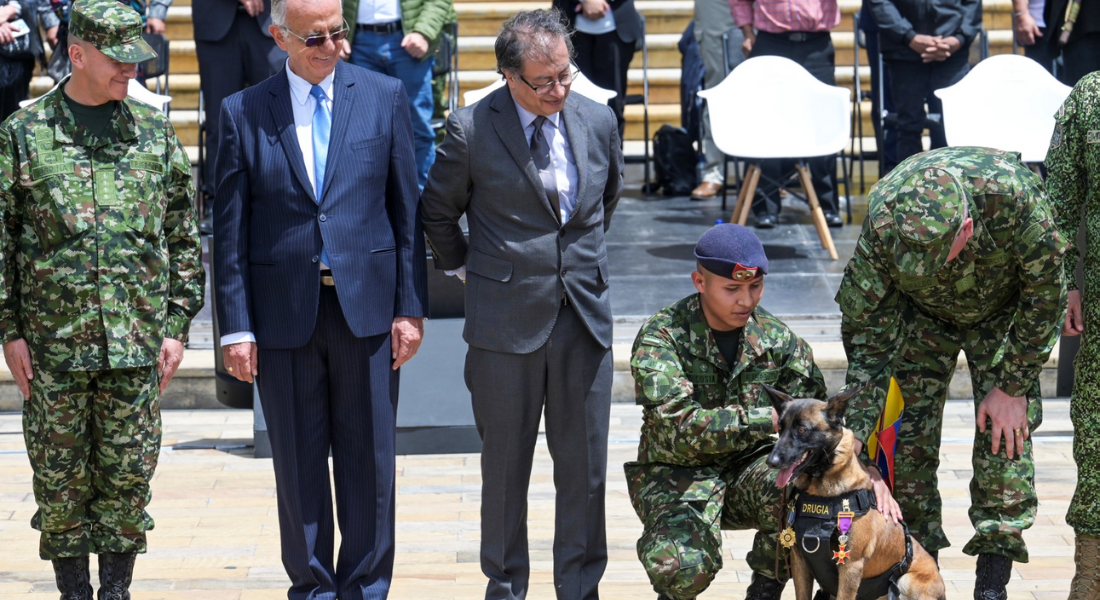 Presidente Gustavo Petro (C) olha para a cadela Drugia, mãe de Wilson, cão de resgate que desapareceu na floresta