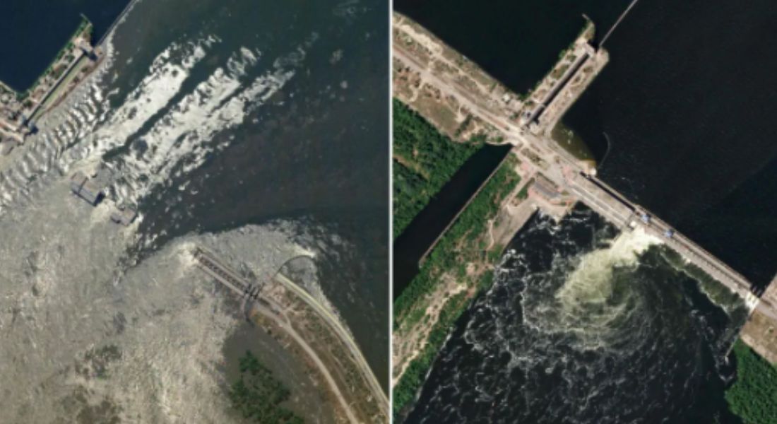 Imagem de satélite mostra a barragem da Usina Hidrelétrica de Kakhovka em 5 de junho (topo) e no dia seguinte, após ter sido danificada 