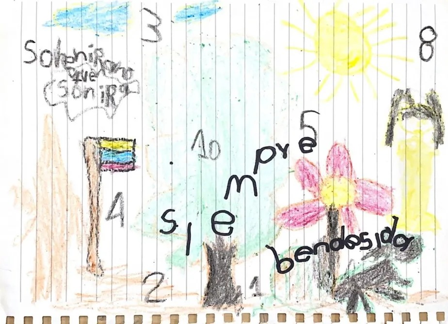 Desenho do cachorro Wilson, que ajudou no resgate das crianças e ainda está desaparecido na selva, feito por Soleiny Mucutuy no Hospital Militar de Bogotá 