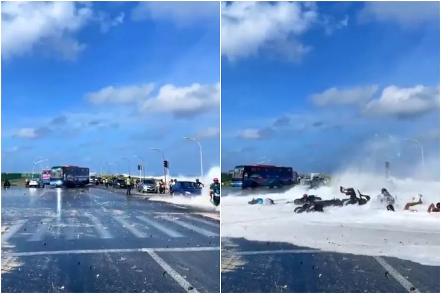 Veículos são derrubados por ondas ao atravessar ponte nas Maldivas 