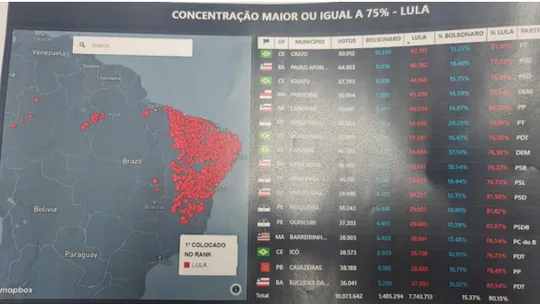 Mapa que mostra os locais onde havia concentração de votos ao então candidato, Lula 