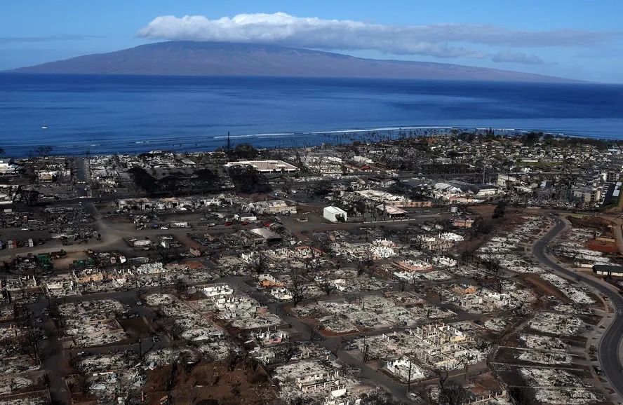 Vista aérea mostra área totalmente devastada pelo incêndio florestal. 