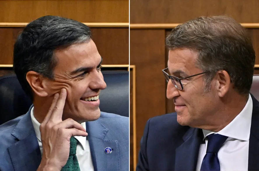 Primeiro-ministro espanhol, Pedro Sánchez (esq.), e o líder da direita, Alberto Nunez Feijóo (dir.)