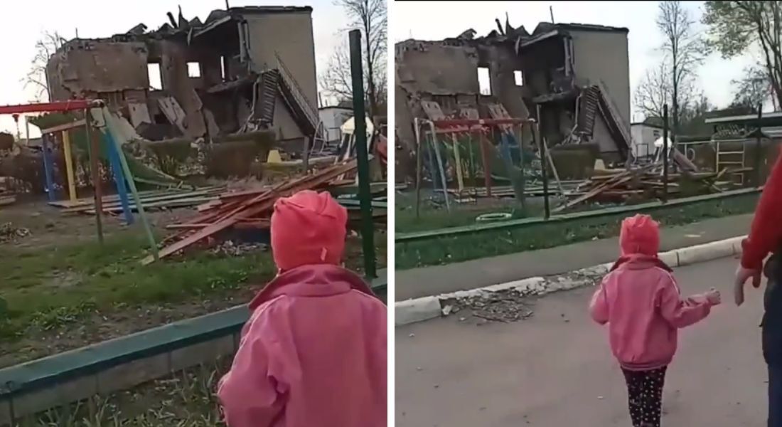 Menina ucraniana chora ao ver creche destruída por míssil russo