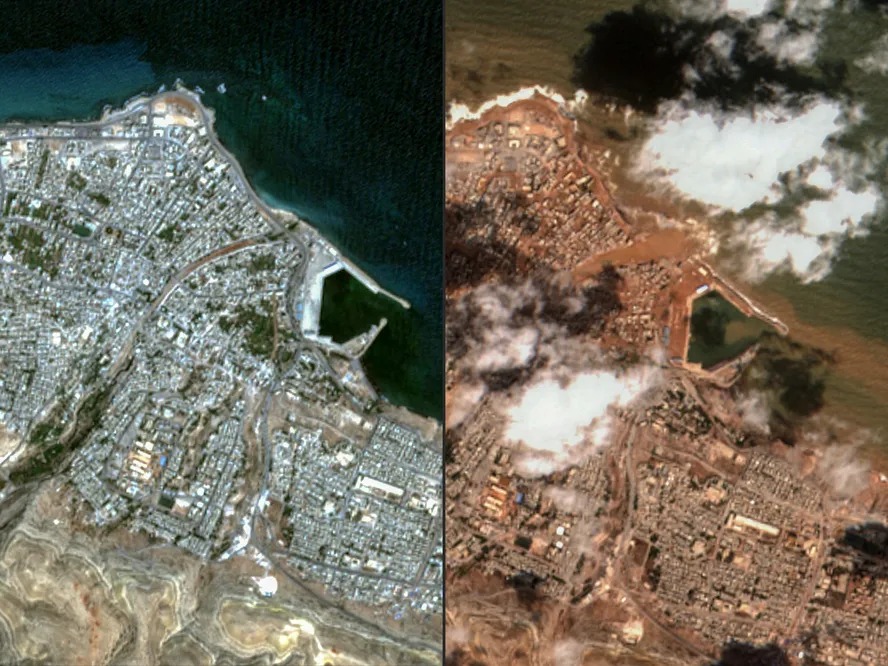 Imagens de satélite divulgadas pela Maxar Technology mostram uma visão geral da cidade de Derna, no leste da Líbia, antes das enchentes de 7 de setembro de 2023 e durante as enchentes de 12 de setembro 