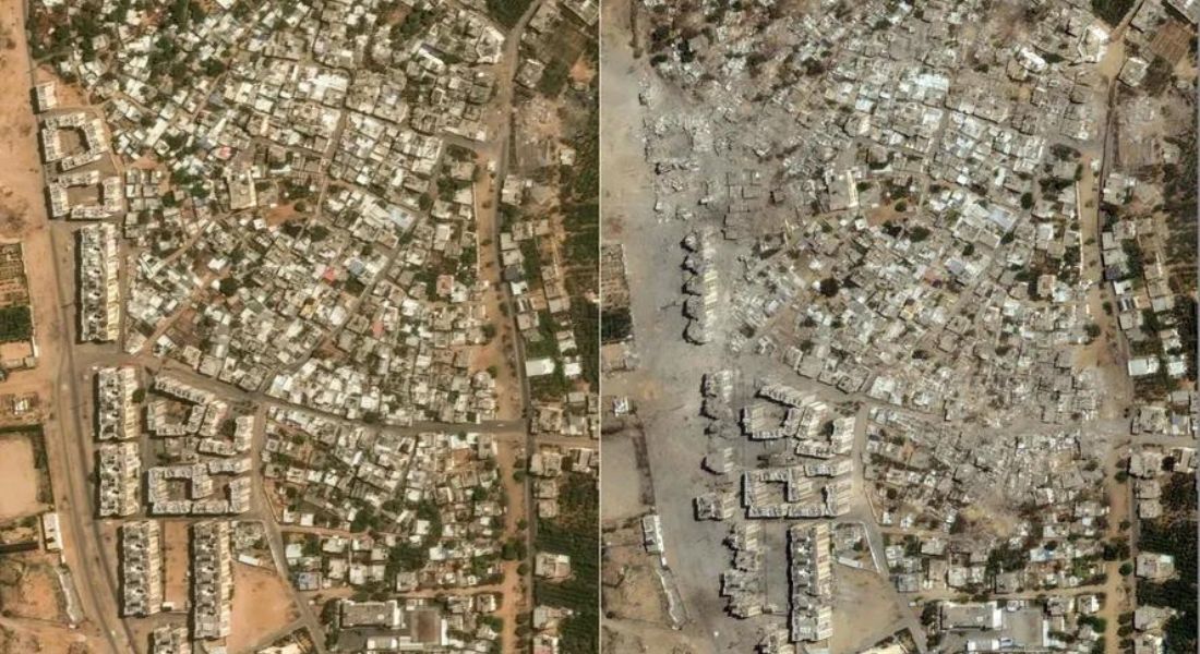 Antes e depois em Izbat Beit Hanoun, na Faixa de Gaza