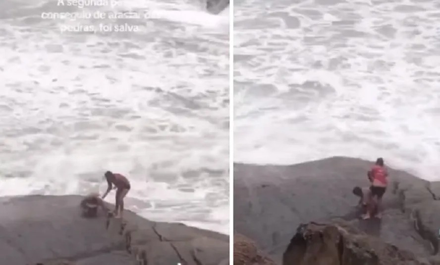 Turistas de Petrópolis caem no mar ao fazer selfies durante ressaca, na Praia do Diabo, no Arpoador