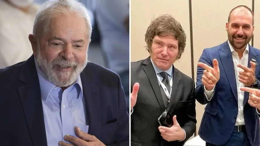 O presidente Lula (PT) e o candidato à Presidência da Argentina Javier Milei, ao lado do deputado federal Eduardo Bolsonaro