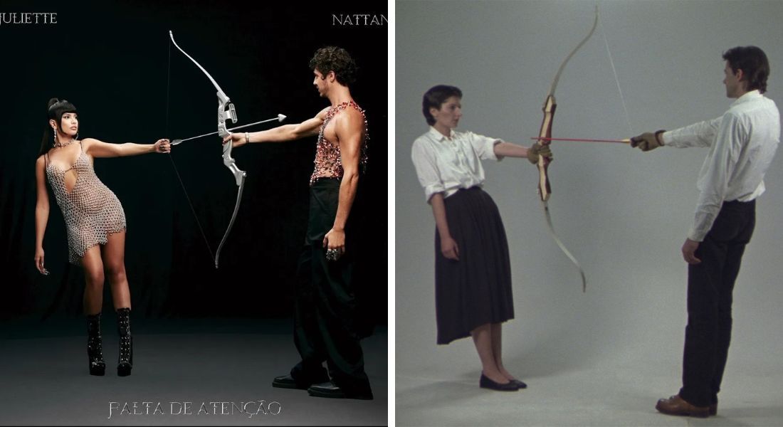 Capa de "Falta de Atenção" (esq) - de Juliette e Nattan -e de "Rest Energy" (dir) - performance da artista Marina Abramovic