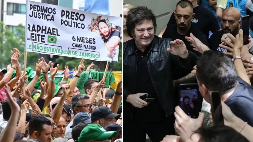 Manifestantes apoiadores do ex-presidente Jair Bolsonaro neste domingo (à esquerda) e eleitores do presidente da Argentina Javier Milei durante a campanha (à direita) 