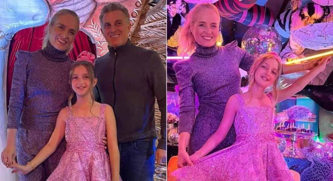 Angélica e Luciano Huck com a filha Eva, de 11 anos, em festa de aniversário inspirada em musicais da Broadway