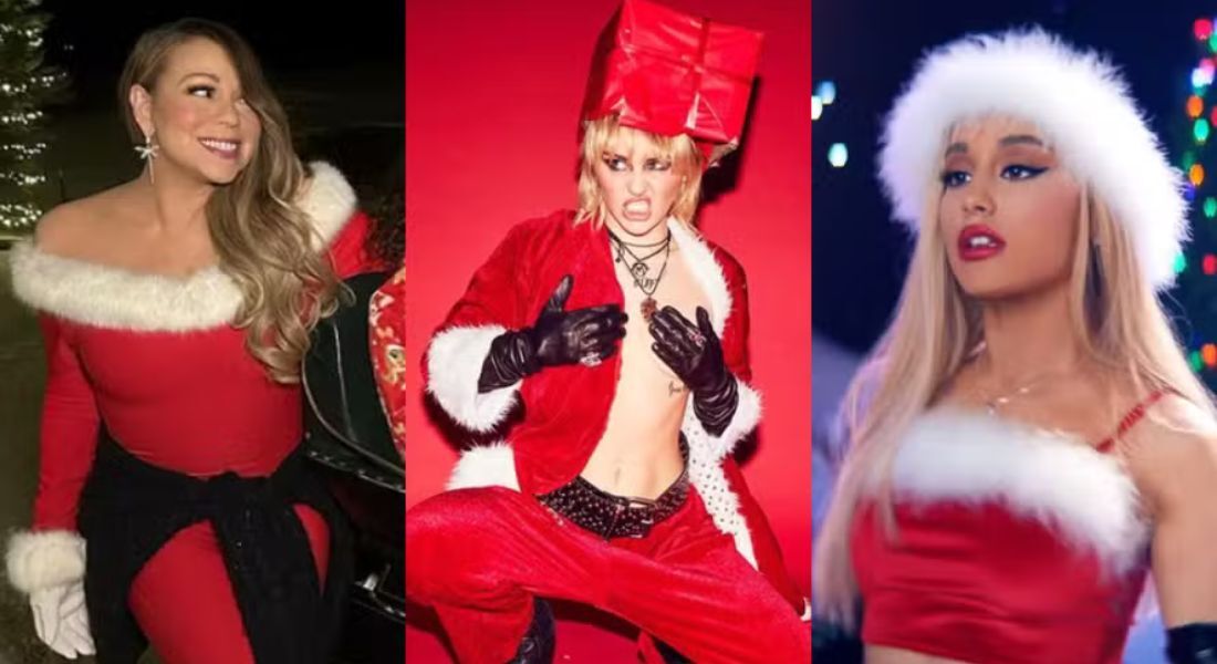 Da esquerda para a direita: Mariah Carey, Miley Cyrus e Ariana Grande