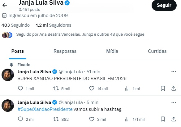 Print do perfil hackeado da primeira-dama Janja Lula