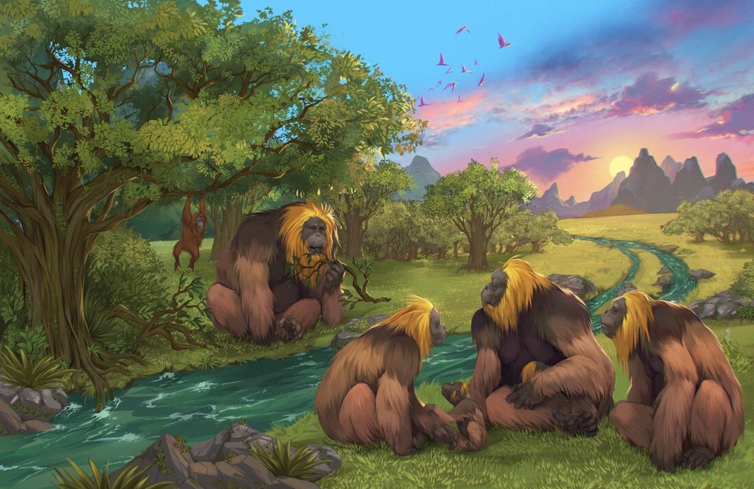 Arte mostra um grupo do macaco gigante Gigantopithecus blacki em uma floresta no sul da China