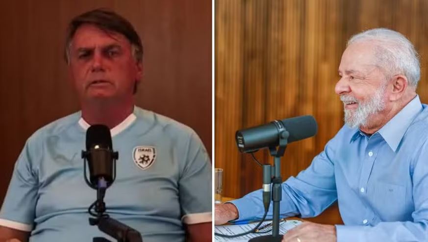 O ex-presidente Jair Bolsonaro em live neste domingo; Lula no "Conversa com o Presidente"