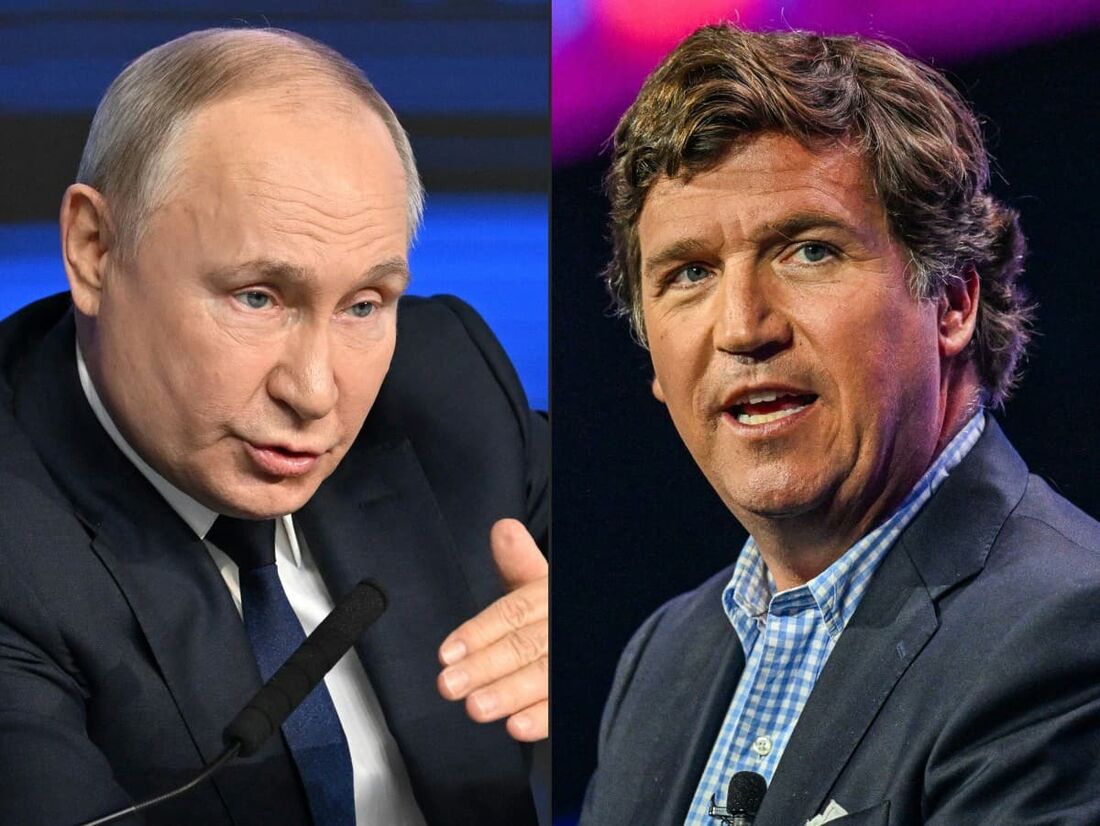 O presidente russo, Vladimir Putin, e o comentarista político conservador dos EUA, Tucker Carlson