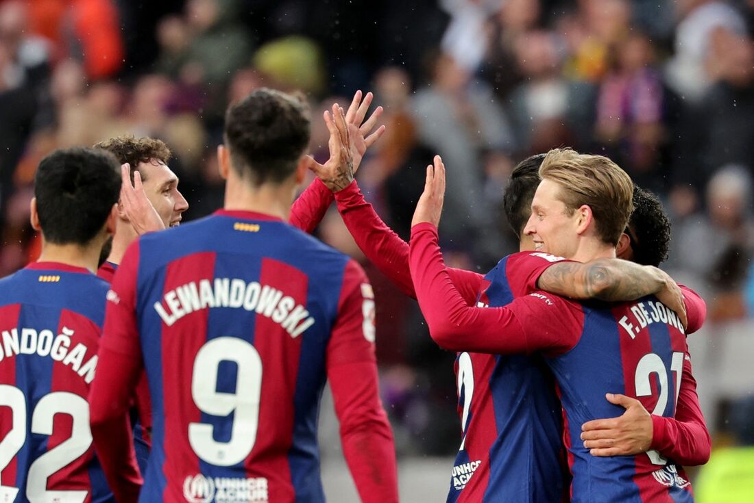 Jogadores do Barça comemoram vitória em cima do Getafe