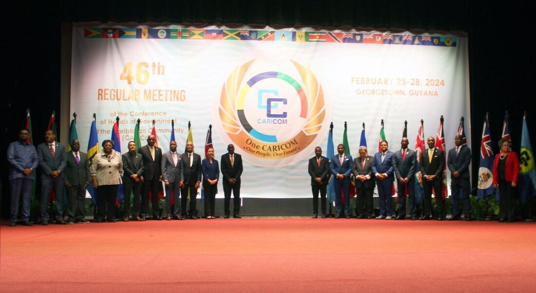 Autoridades durante a cerimônia de abertura da 46ª Reunião Ordinária da Conferência de Chefes de Governo da Comunidade do Caribe (CARICOM)