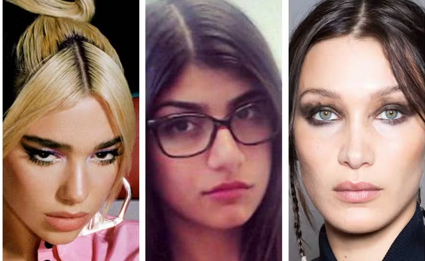 A cantora Dua Lipa (à esq.), a atriz de filmes adultos Mia Khalifa e a modelo Bella Hadid 