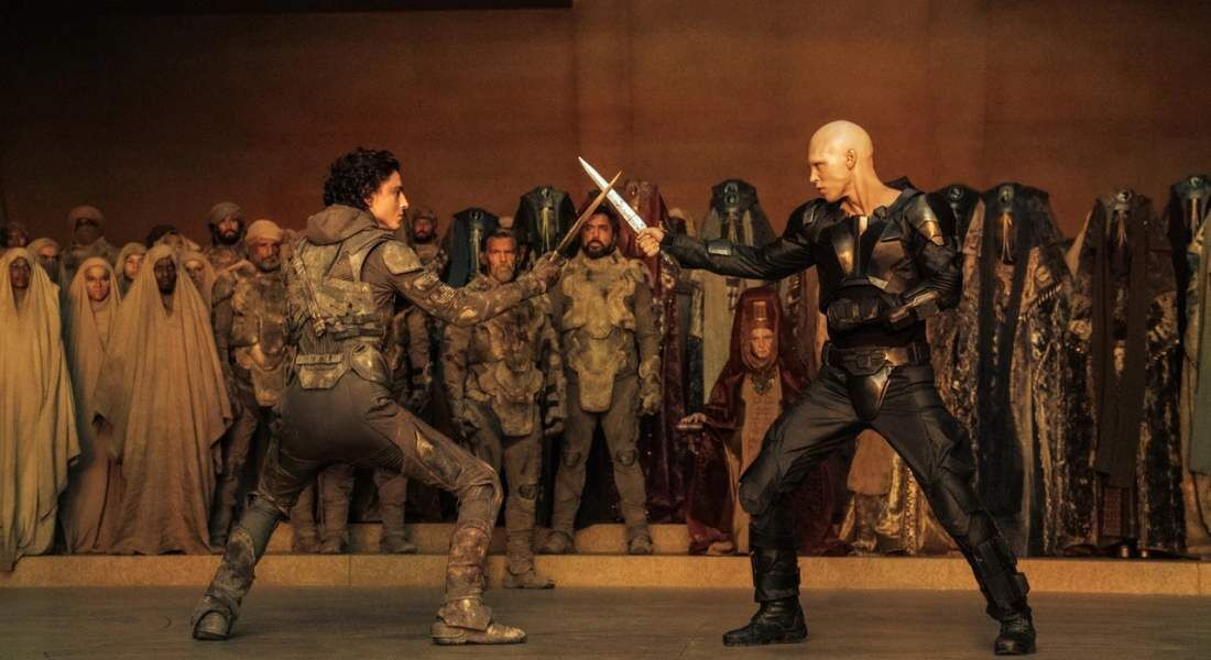 Timothée Chalamet (Paul Atreides) e Austin Butler (Feyd-Rautha) durante cena de confronto em "Duna 2" (2024)