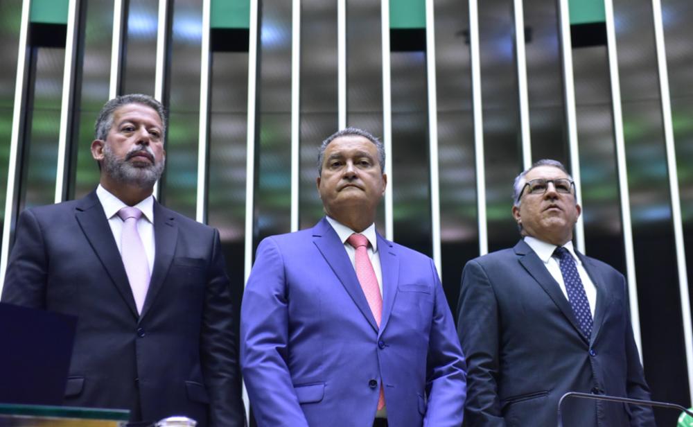 O presidente da Câmara, Arthur Lira, e os ministros Rui Costa e Alexandre Padilha na abertura do ano legislativo de 2024