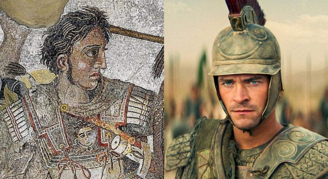 Antigo mosaico retratando Alexandre, o Grande, e sua versão em "Alexandre: O Nascimento de um Deus", interpretado por Buck Braithwaite