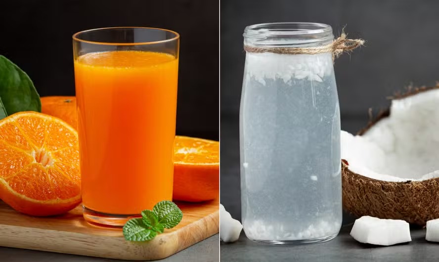 Suco de laranja e água de coco estão entre as melhores bebidas para aumentar a hidratação e diminuir os incômodos da ressaca 