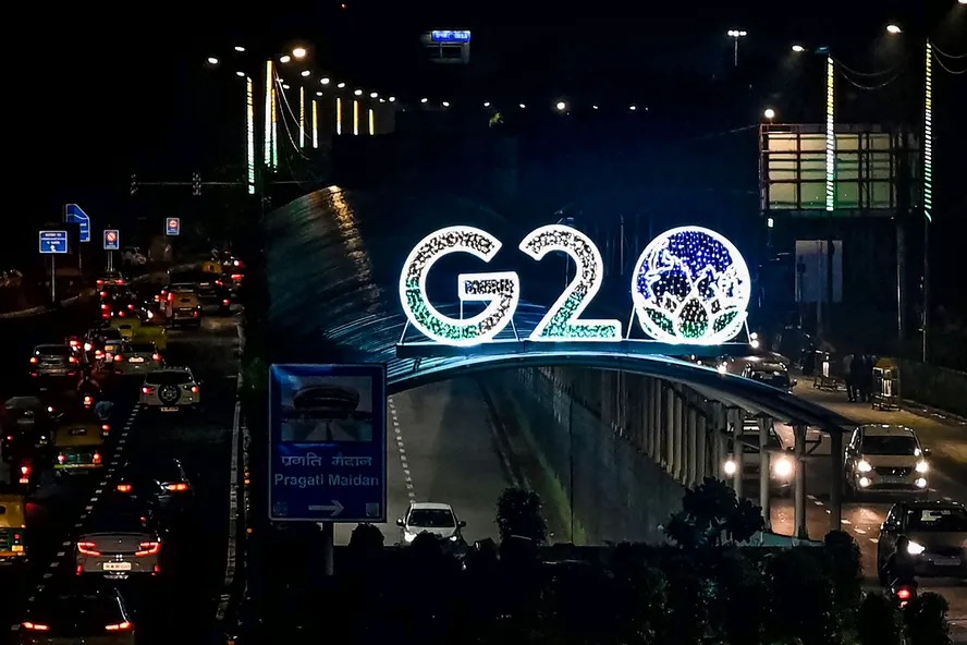 Logo do G20 em encontro de líderes de Estado do grupo na Índia, em 2023 