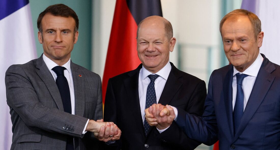  Presidente francês Emmanuel Macron, o Chanceler alemão Olaf Scholz e o Primeiro-Ministro polaco Donald Tusk 