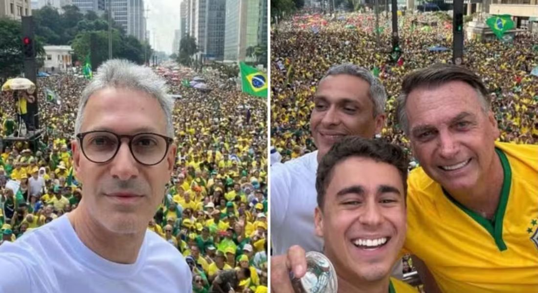 O governador de Minas Gerais, Romeu Zema (Novo), e o deputado federal Nikolas Ferreira (PL-MG) no ato do ex-presidente Jair Bolsonaro na Avenida Paulista