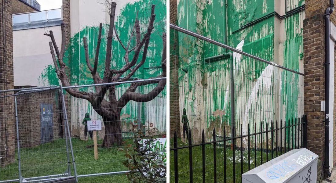 Mural da árvore de Banksy é vandalizado com tinta branca após três dias, em Londres