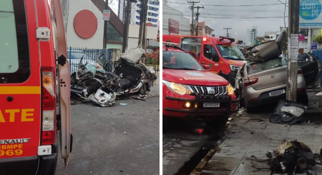 Carro ficou totalmente destruído após a colisão