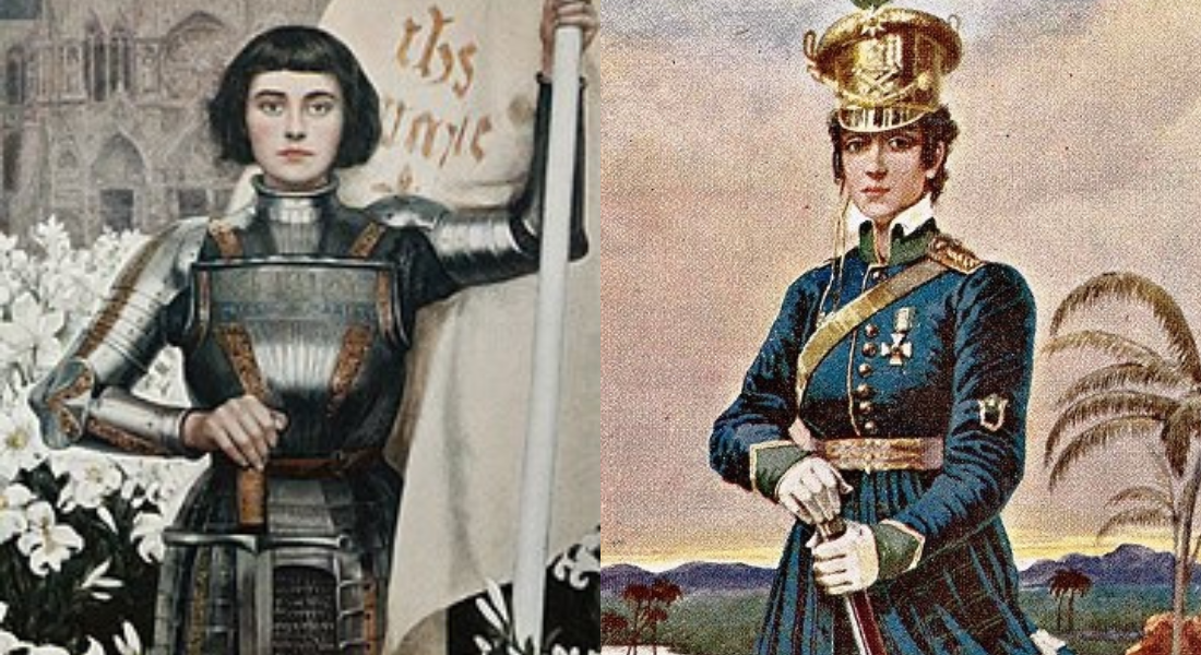 Joana d'Arc - primeira mulher na história a liderar o exército francês - e de Maria Quitéria, primeira brasileira a lutar oficialmente no exército nacional 