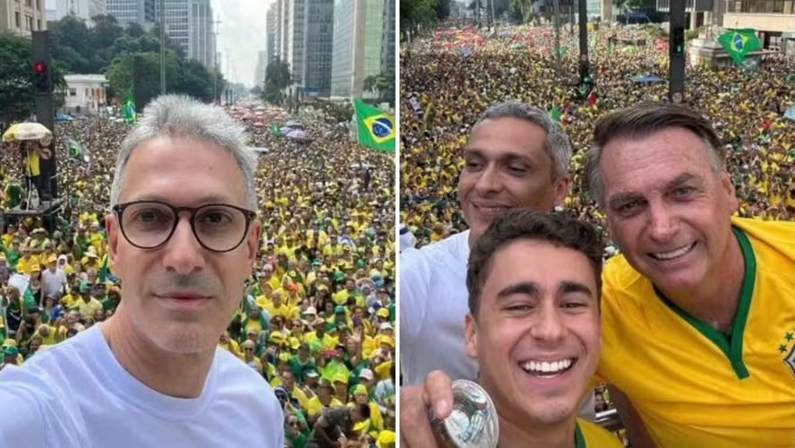 O governador de Minas Gerais, Romeu Zema (Novo), e o deputado federal Nikolas Ferreira (PL-MG) no ato do ex-presidente Jair Bolsonaro na Avenida Paulista 