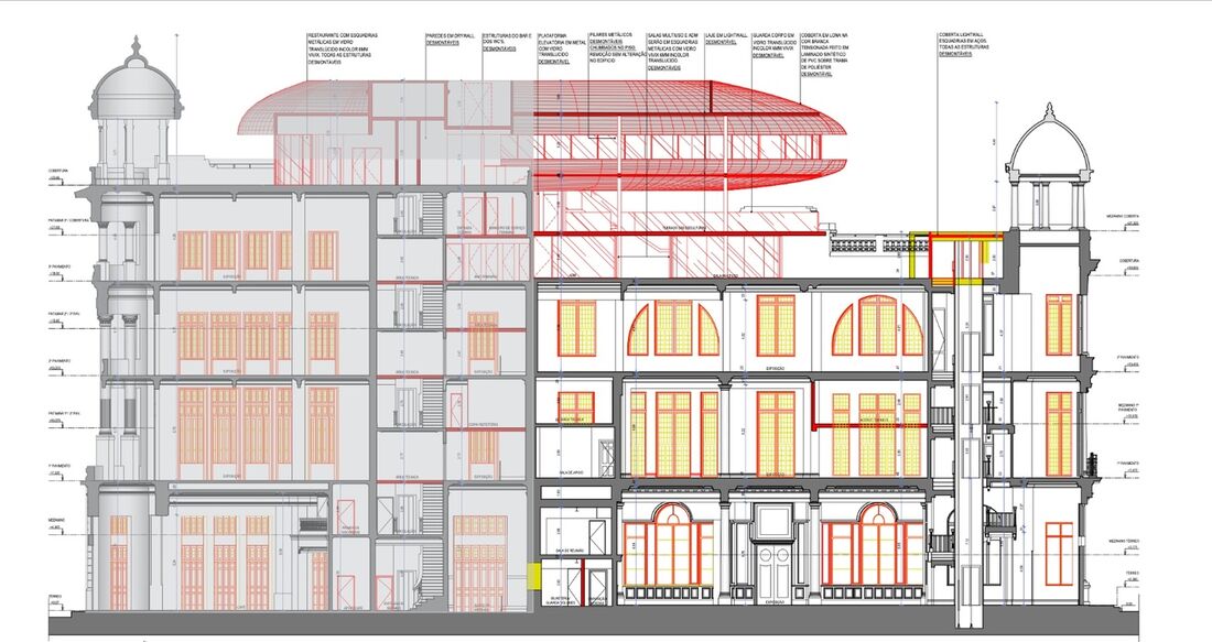 Projeto do espaço cultural e restaurante em formato de zeppelin em prédios tombados no Recife