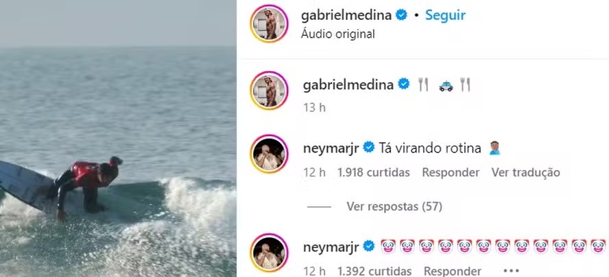 Medina insinua que foi garfado; Neymar comenta em rede social sobre etapa de Bells Beach do Circuito Mundial da WSL