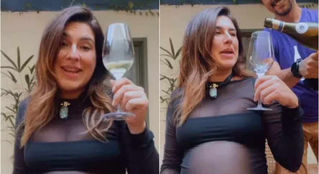 Fernanda Paes Leme toma gole de vinho grávida