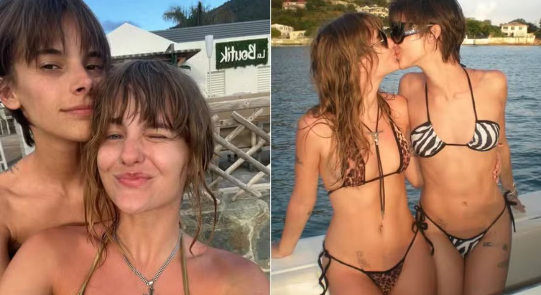 Baixista do Måneskin, Victoria De Angelis (com cabelo longo) posa com namorada brasileira Luna Passos