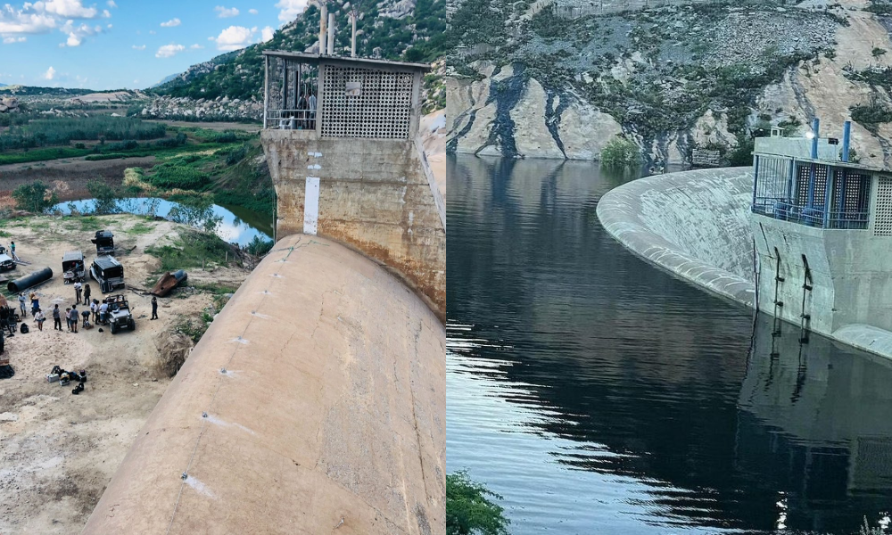 Antes e depois do açude de Gargalheiras, na cidade de Acari, no Rio Grande do Norte