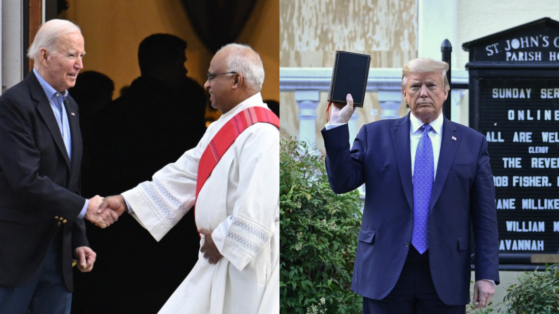 À esquerda, o presidente dos EUA, Joe Biden, deixa a Igreja de São José na Brandywine depois de assistir à missa, à direita, o ex-presidente americano, Donald Trump, segura uma Bíblia do lado de fora da igreja