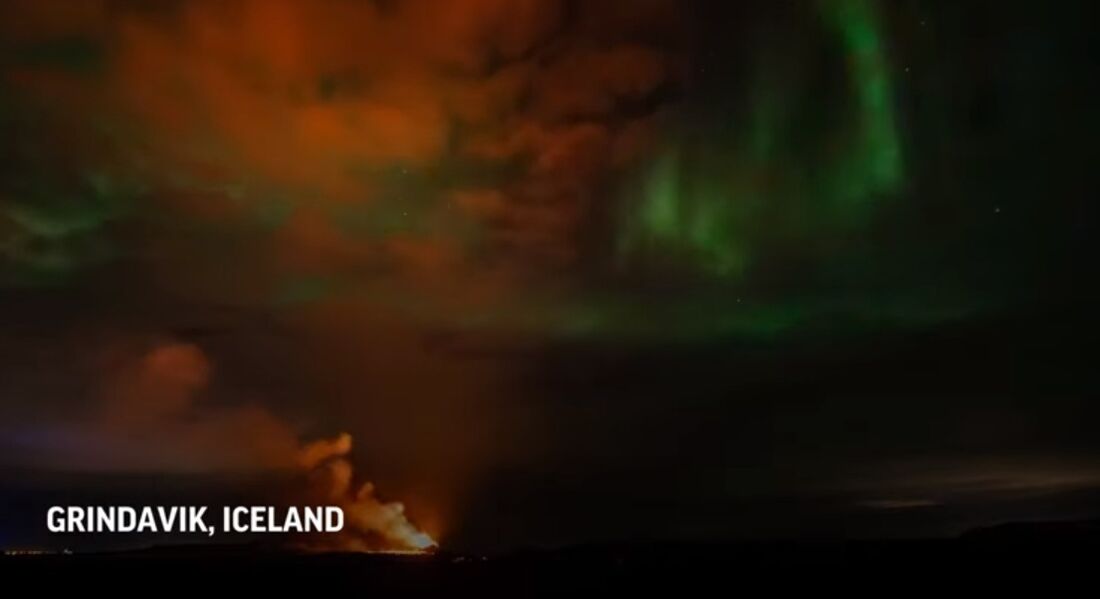 Momento único: vídeo registra erupção vulcânica durante aurora boreal