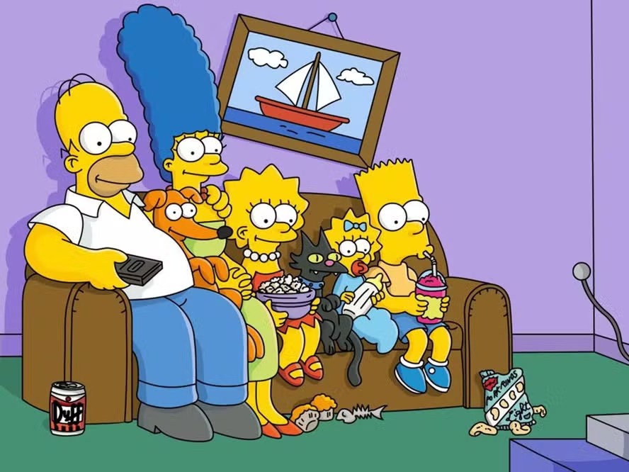 Os Simpsons: Homer, Marge, Lisa, Maggie e Bart, com seus bichinhos de estimação, formam a típica família de classe média americana 